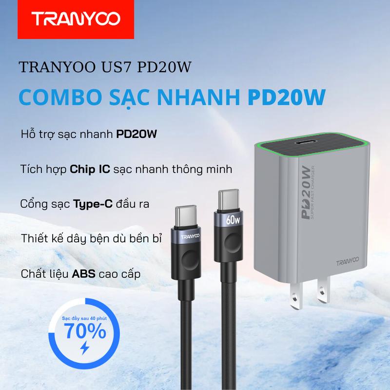 [TRANYOO] Bộ Sạc Nhanh PD20W US7 Type-C Chính Hãng Tranyoo Cho Điện Thoại - Phone, Phụ Kiện Usb trend củ