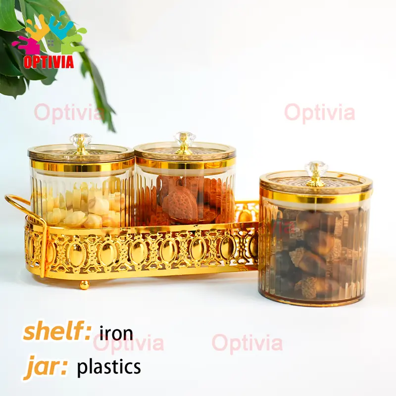 OPTIVIA Emas Snack Tray Kue Storage Jar Snack Bowl Tempat Saji Snack Cemilan Kotak Makanan Toples Lebaran Set Nampan Topless 4