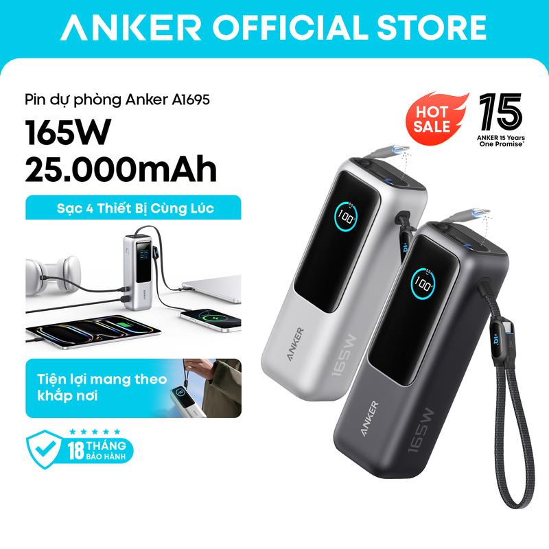Anker Sạc dự phòng 25000mAh, Sạc Cầm Tay siêu nhanh 165W, Tích hợp và Cáp USB C Có Thể Thu Vào - A1695