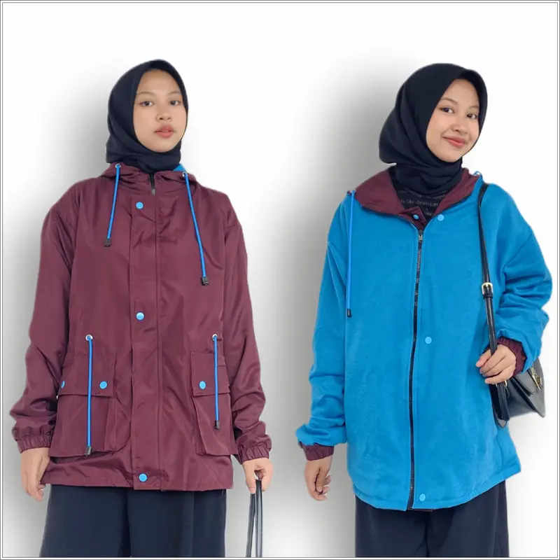 Jaket Wanita Bb 2 in 1 Bolak Balik Parasut Warna Hitam Pink Size L-XL-XXL 1