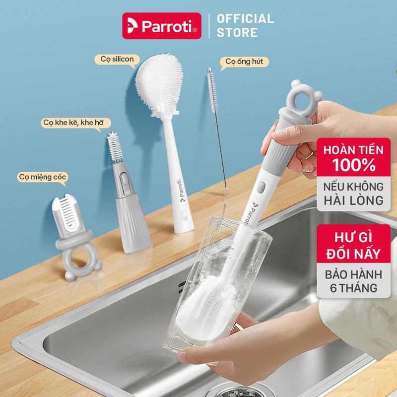 Cây Cọ Bình Thông Minh 4 Trong 1 Đầu Cọ Silicon 4 Chi Tiết Đâu Cọ Silicon Linh Hoạt Cây Cọ Rửa Ly Bình Nước Đa Năng Parroti - CB02