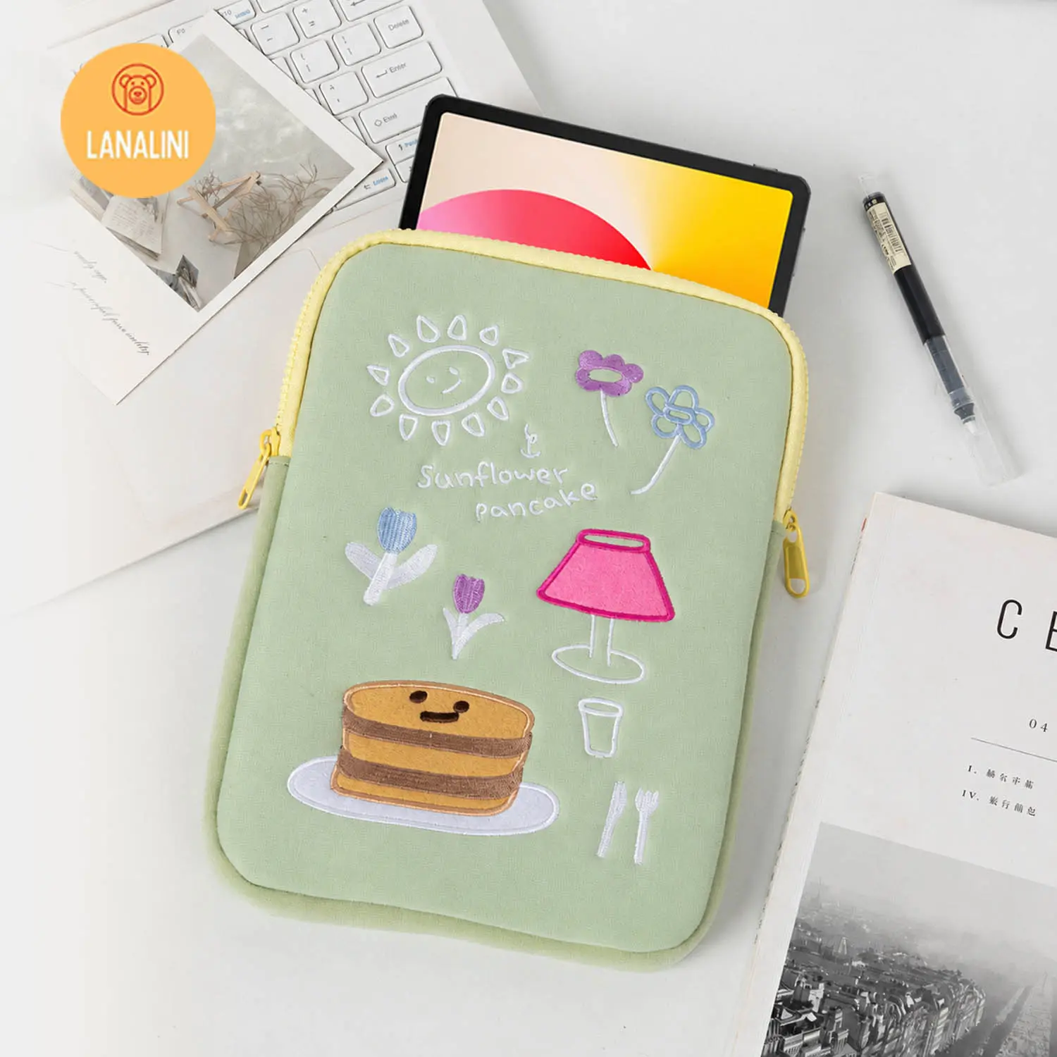 Tas Sleeve Tablet 9-11 Inch Motif Bunga Matahari Hijau Biru Navy Estetik Wanita Pouch Case Pelindung Tablet Universal
