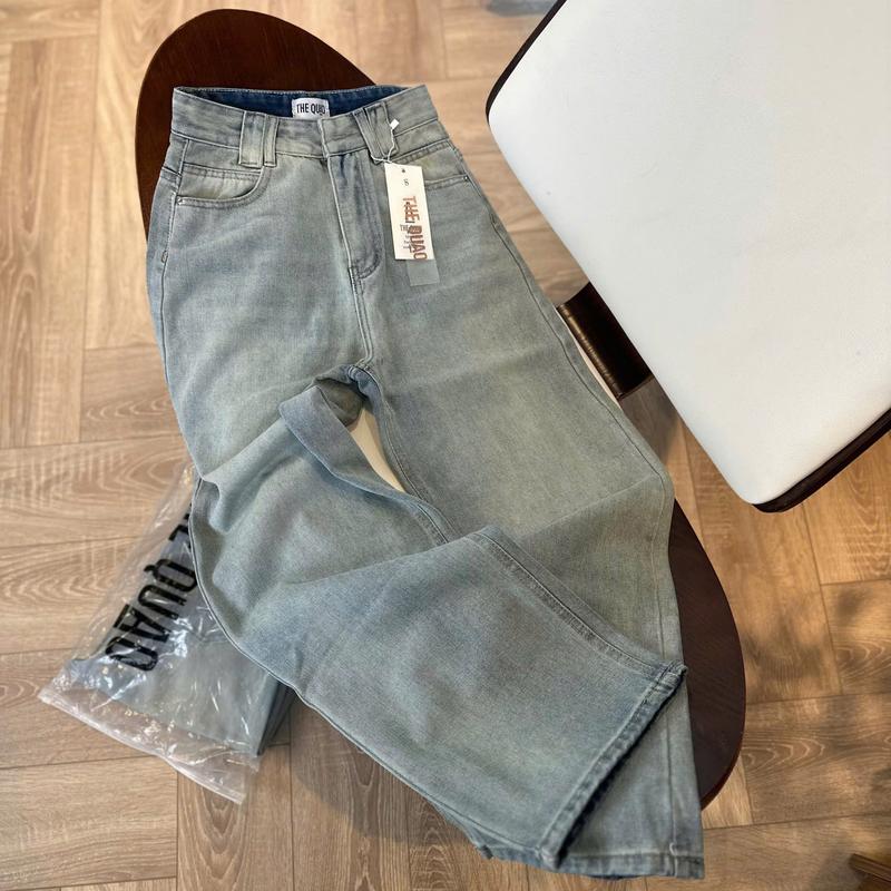 THE QUẠO - Quần Jeans Nữ Lưng Cao Ống Rộng Đĩa To Màu Xanh Nhạt Bụi Vàng S2003_619