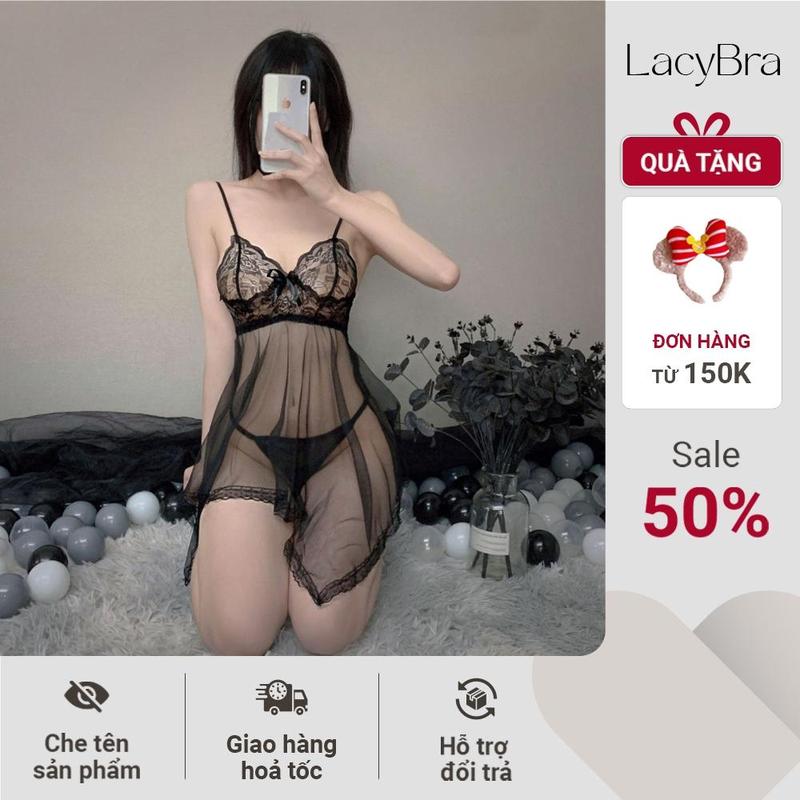 Váy ngủ nữ 2 dây ren xuyên thấu sexy gợi cảm, Đồ ngủ nữ ren đuôi cá kèm lót lọt khe quyến rũ VN009