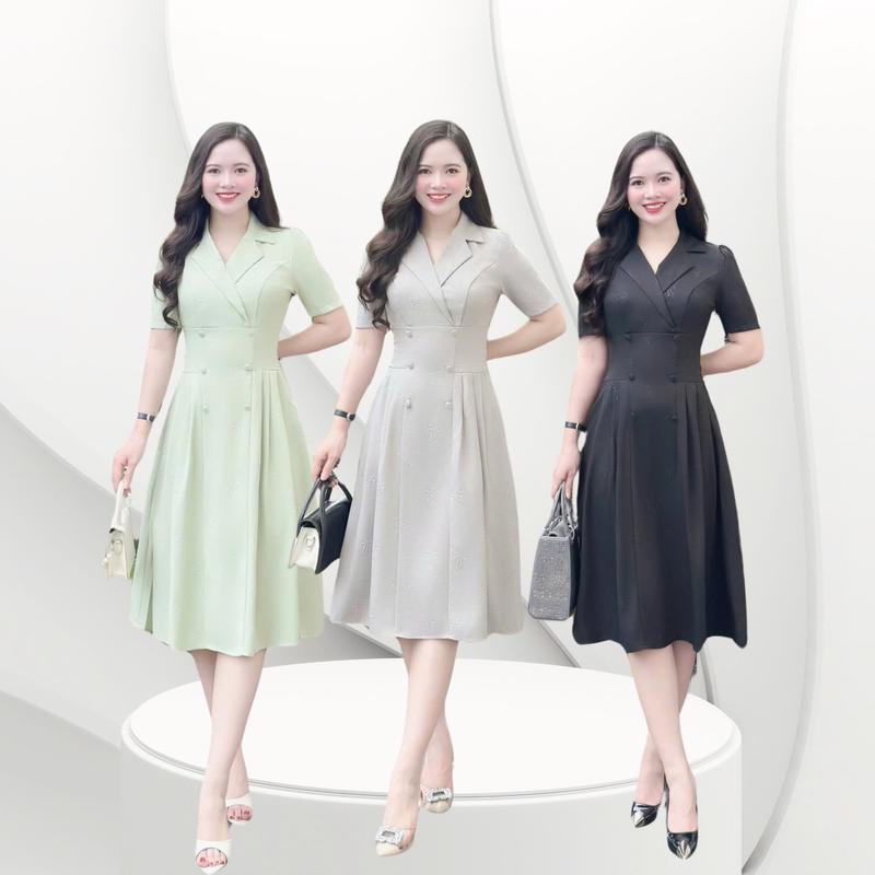 Đầm váy nữ thiết kế Nhật Vy cổ vest sơ mi xếp ly tay ngắn thắt eo hack dang bigsize chất lụa xước dự tiệc đi biển công sở văn phòng quà cho người yêu màu xanh xám đen - D3281  bigsize