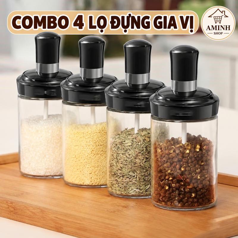 Combo 4 lọ thủy tinh đựng gia vị kèm muỗng dung tích 250ml tiện lợi kn8