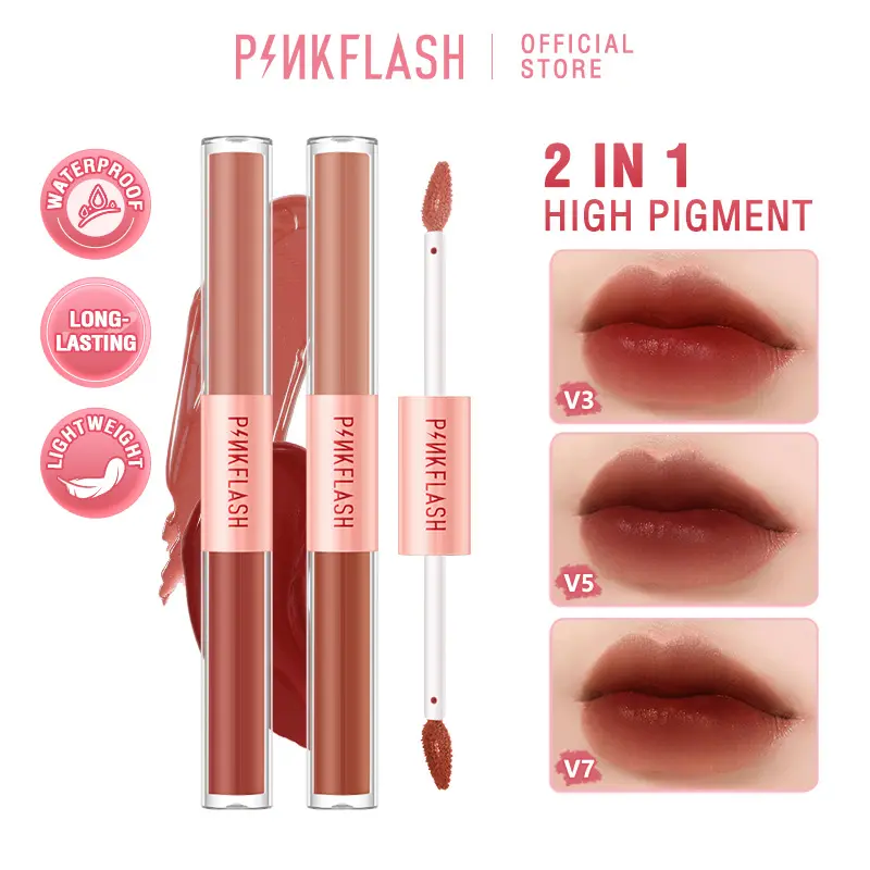 PINKFLASH 2 In 1 Dual-ended Matte Lipstick Liquid Lipstick Velvet Tint Duo Liquid Lipstik Ombre Tahan Lama 0