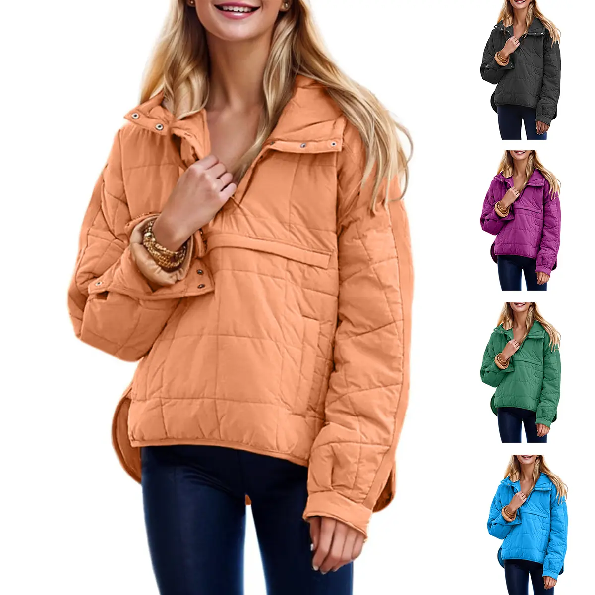 2025 Oversized Hooded Puffer Jacket Quilted Lightweight Winter Warm Pullover Padded Hoodies Coat Pocket Womenswear Tops Outerwear Comfort Casual Long Sleeve Fitted Basic Collar Minimalist Orange