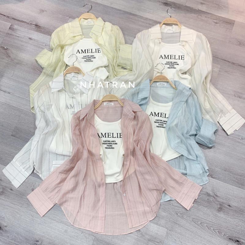 nhatran - Sét áo sơ mi nữ tay dài phom rộng chất lụa tơ sọc kèm ba lỗ trong Top Voan Women LV58625