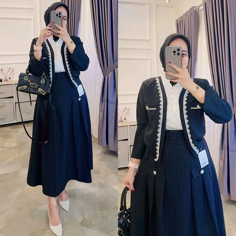 Setelan Ardila Salur one set 2in1 pakaian wanita setalan rok aline motif Linen Muslim Mewah Panjang Kondangan Cantik Casual Tebal Formal Remaja 4
