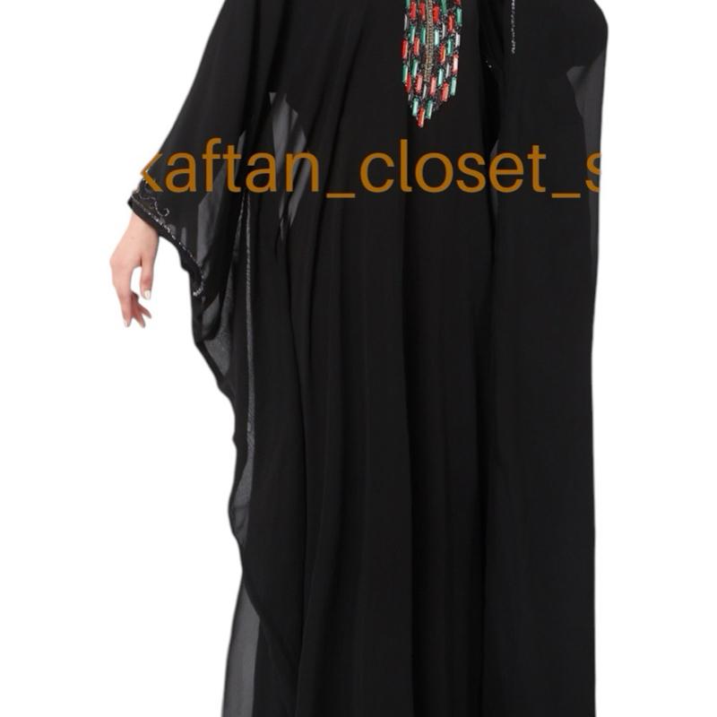 Kaftan Closet SG- Marbella available pistachio green, black & taupe with a fusion contrast style stonework handbeaded custom made kaftan. 7