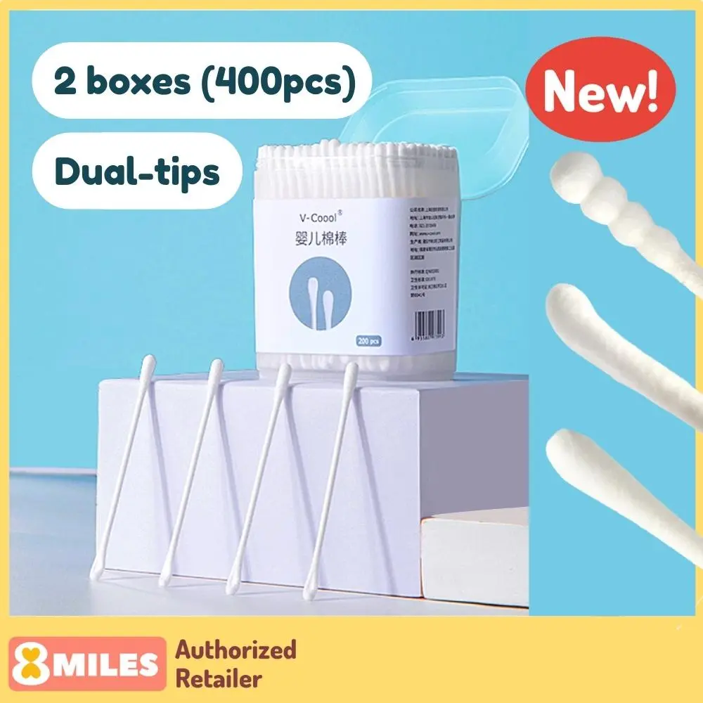 (2 box bundle - 400pcs) V-Coool Baby Cotton Swab Dual Tips Ear Wax Spoon Scoop Spiral Nose Newborn Infant Cotton Bud