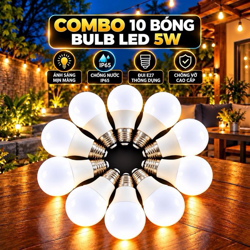 Combo 10 Bóng đèn Led Bulb tròn chống nước tiết kiệm điện đui vặn E27