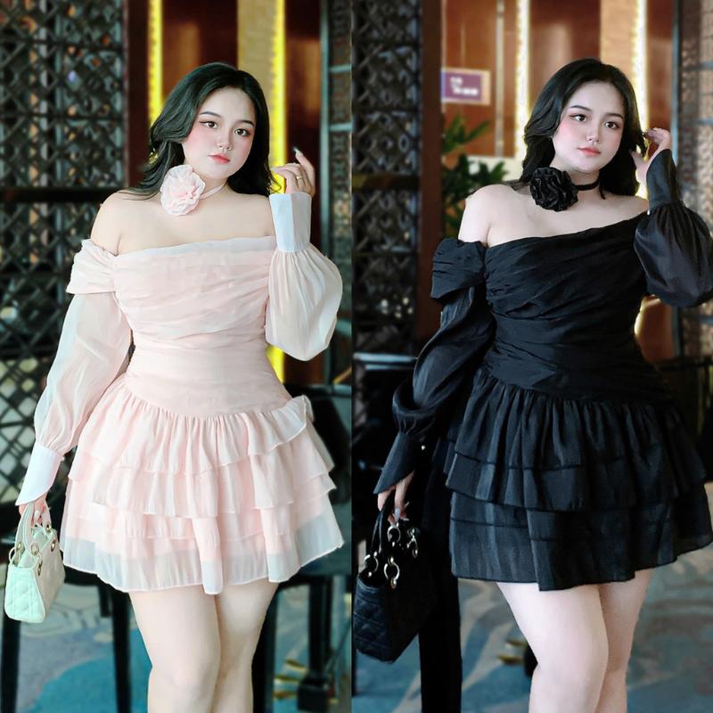 Váy Dự Tiệc Bigsize nista Đầm Xếp Ly Trễ Vai Xòe 4 Tầng Kèm Tag Hoa Bigsize Từ 60-90kg Dress Nữ Women thường mặc map dress big size Kem Đen bẹt royal tay phồng Nhung Tre hồng chủ sinh nhật đầm slay ăn cưới