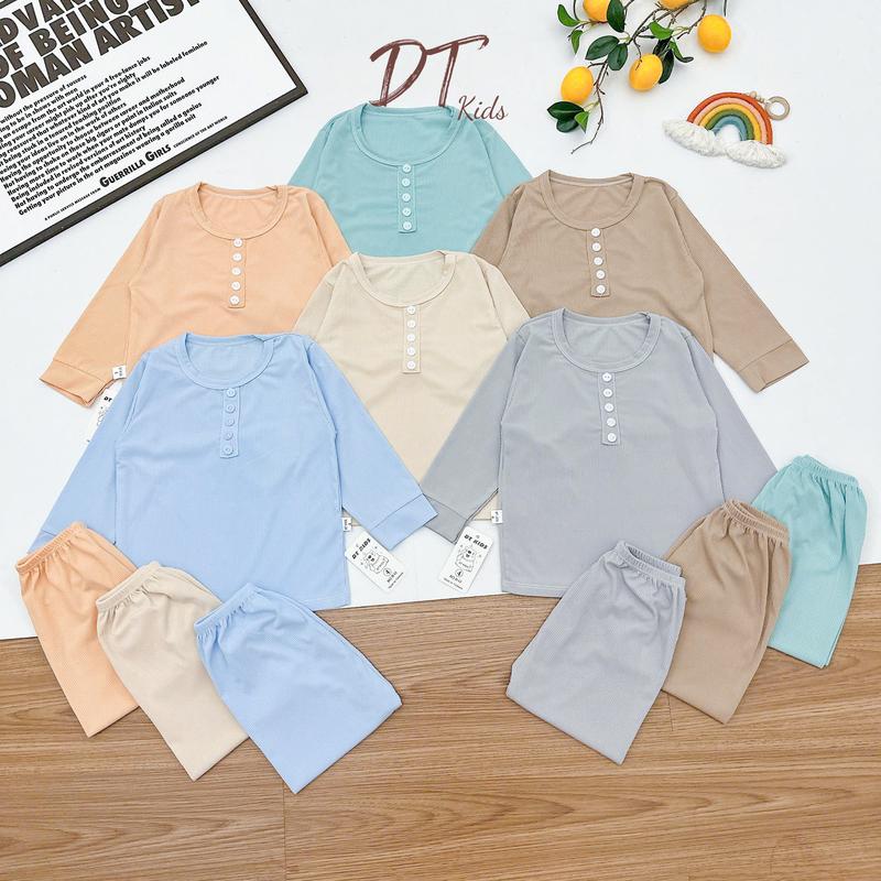 [ Combo 4 tặng 1 ] Bộ quần áo dài tay 5 cúc chất liệu tăm xuất Hàn cho bé trai, bé gái mặc 4 mùa, từ 5 Kg - 16 Kg