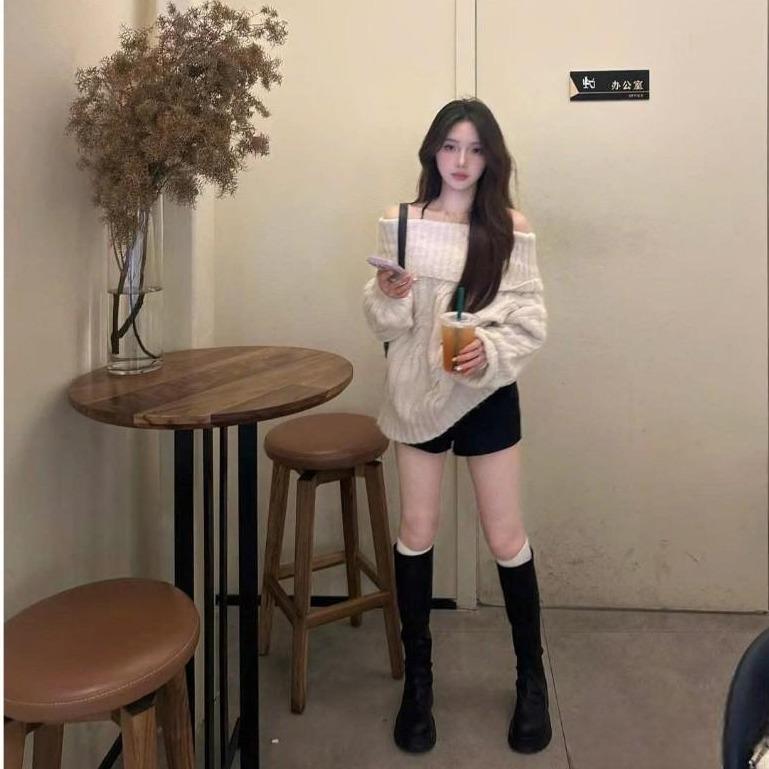  Áo len trễ vai vặn thừng dáng rộng chất len dệt mềm mịn phong cách Hàn Quốc 