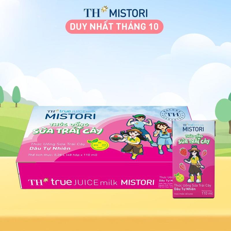 Thùng 48 hộp thức uống Sữa trái cây Dâu tự nhiên TH true JUICE milk MISTORI 110 ml x 48 hộp