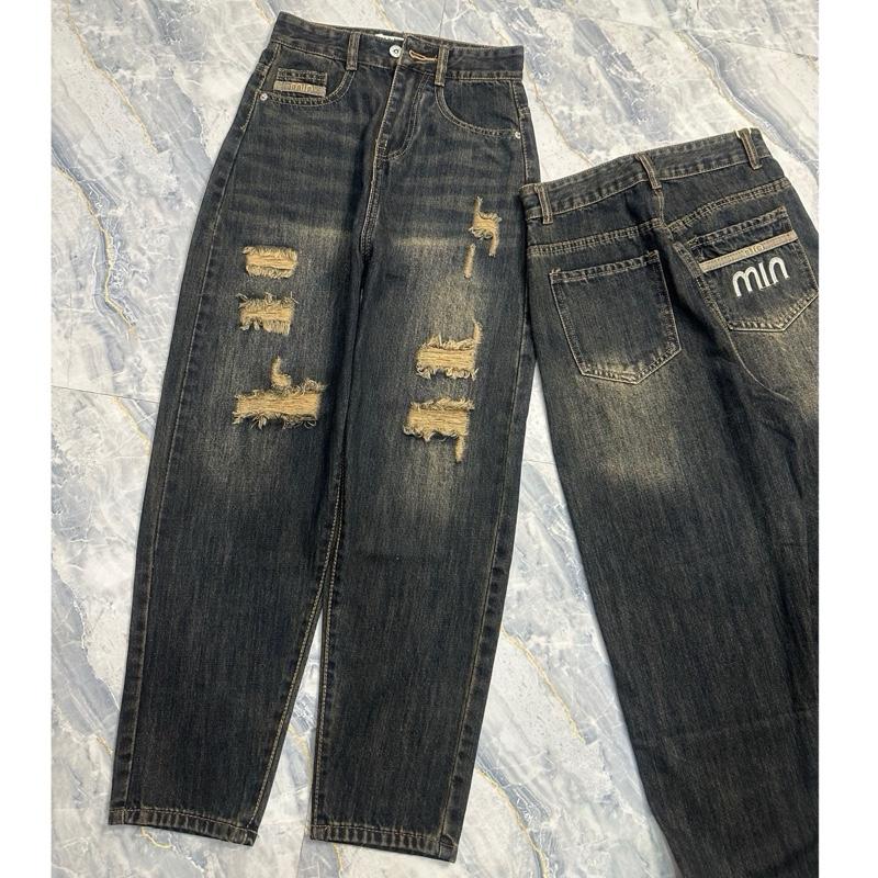 [640] [S-2XL] Quần Baggy Jeans Cạp Cao R Nhiều 2 Bên Màu Bụi Denim