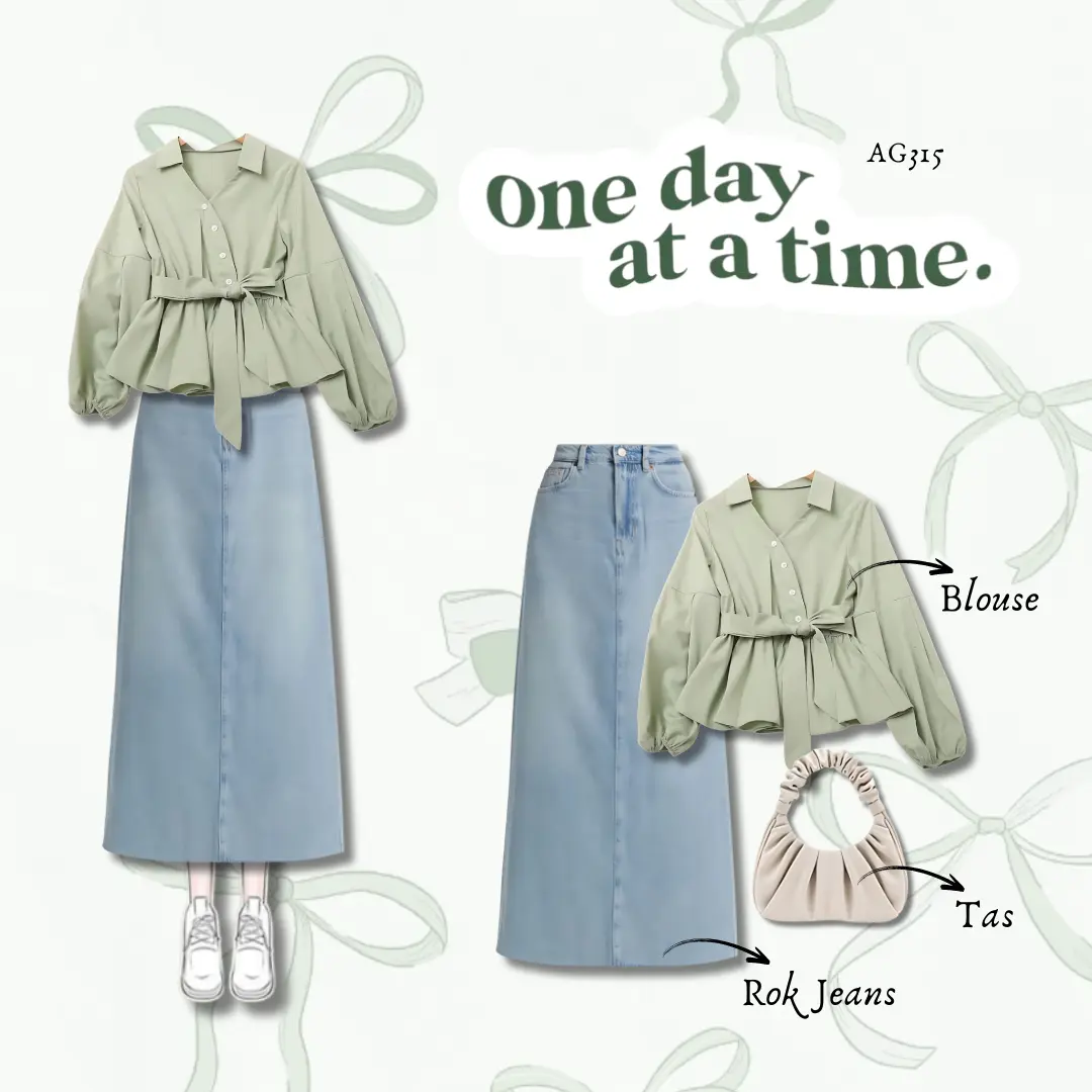 3in1 Outfit Sage One Set Korean Style Kekinian | Blouse + Rok Jeans + Tas | SET AG315