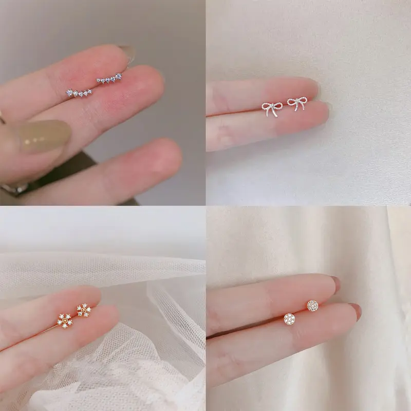 Anting Zirkon Set Mikro Sederhana Baris Kecil Berlian Geometris Anting Gandum Kecil yang Lucu anting  mini 0