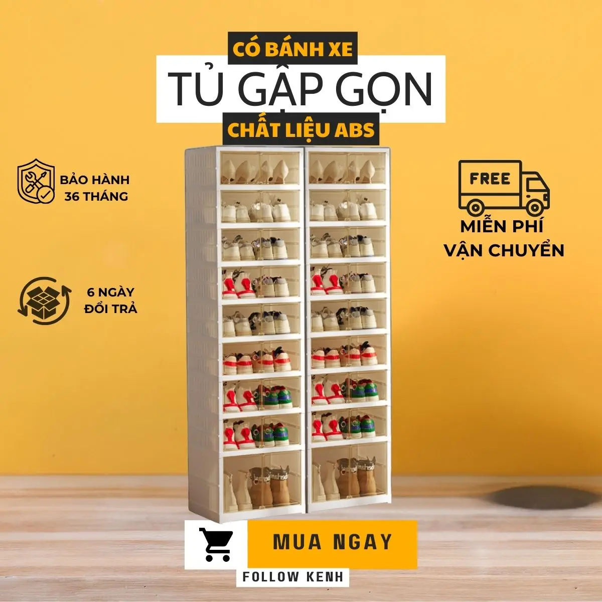 [MIỄN PHÍ SHIP] Tủ giày gấp gọn 36 đôi 9104-8-1G chất liệu nhựa ABS cao cấp có bánh xe ẩn, Hộp đựng giày thông minh tiện lợi