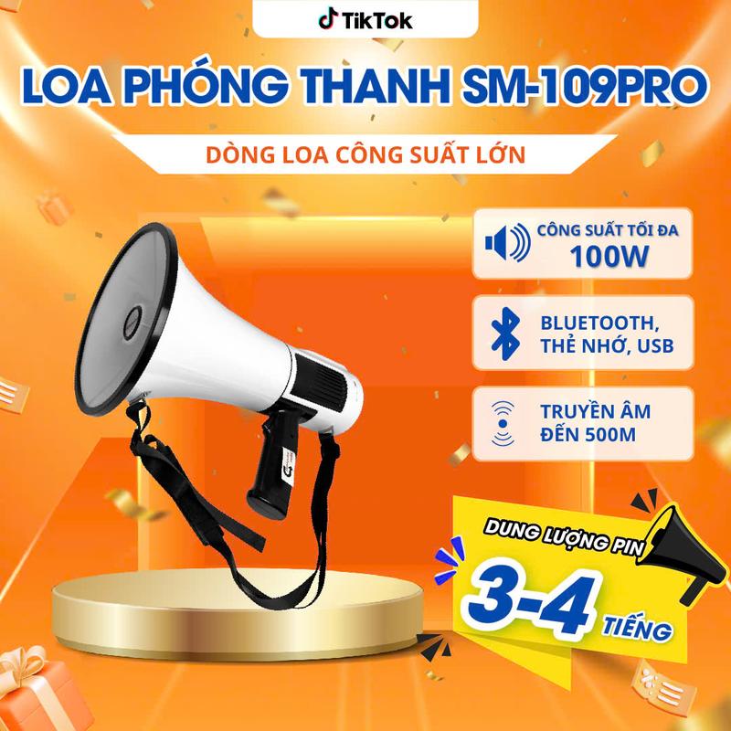 Loa phóng thanh Bluetooth công suất 100W Micro còi hú báo động Sunrise SM-109PRO-MP3 Loa ghi âm rao bán hàng internet  microphone