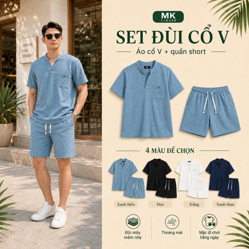 Set Bộ Đũi Cổ V MK Clever, Chất Liệu Đũi Mát, Mềm Mịn Tay Ngắn Menswear Áo Quần
