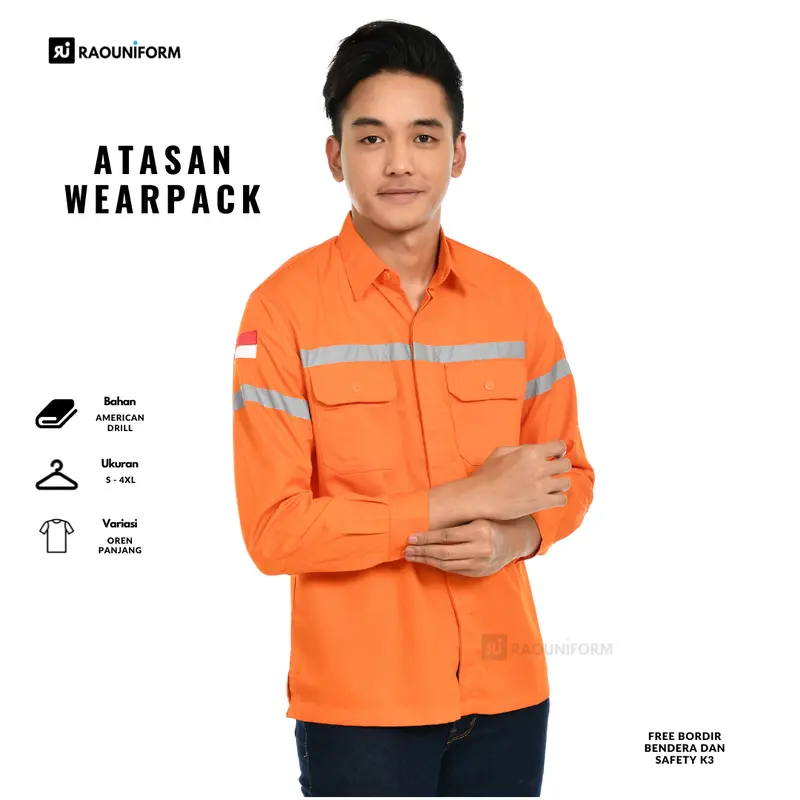Seragam Kerja, Baju Industri, Baju Lapangan, Baju Safety Lengan Panjang, Baju Safety Proyek, Seragam Proyek, Kemeja Safety Abu Biru Bordir Merah Putih Wearpack 0