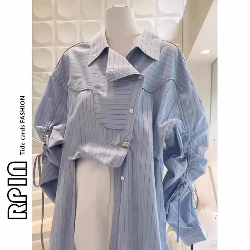 Áo Sơ Mi Kẻ Sọc Có Dây Rút Bất Đối Xứng Đều Cho Nữ, Thời Trang Nữ, Áo Sơ Mi Thường Ngày Dáng Rộng Ngoại Cỡ, Áo Phong Cách Phương Tây 1