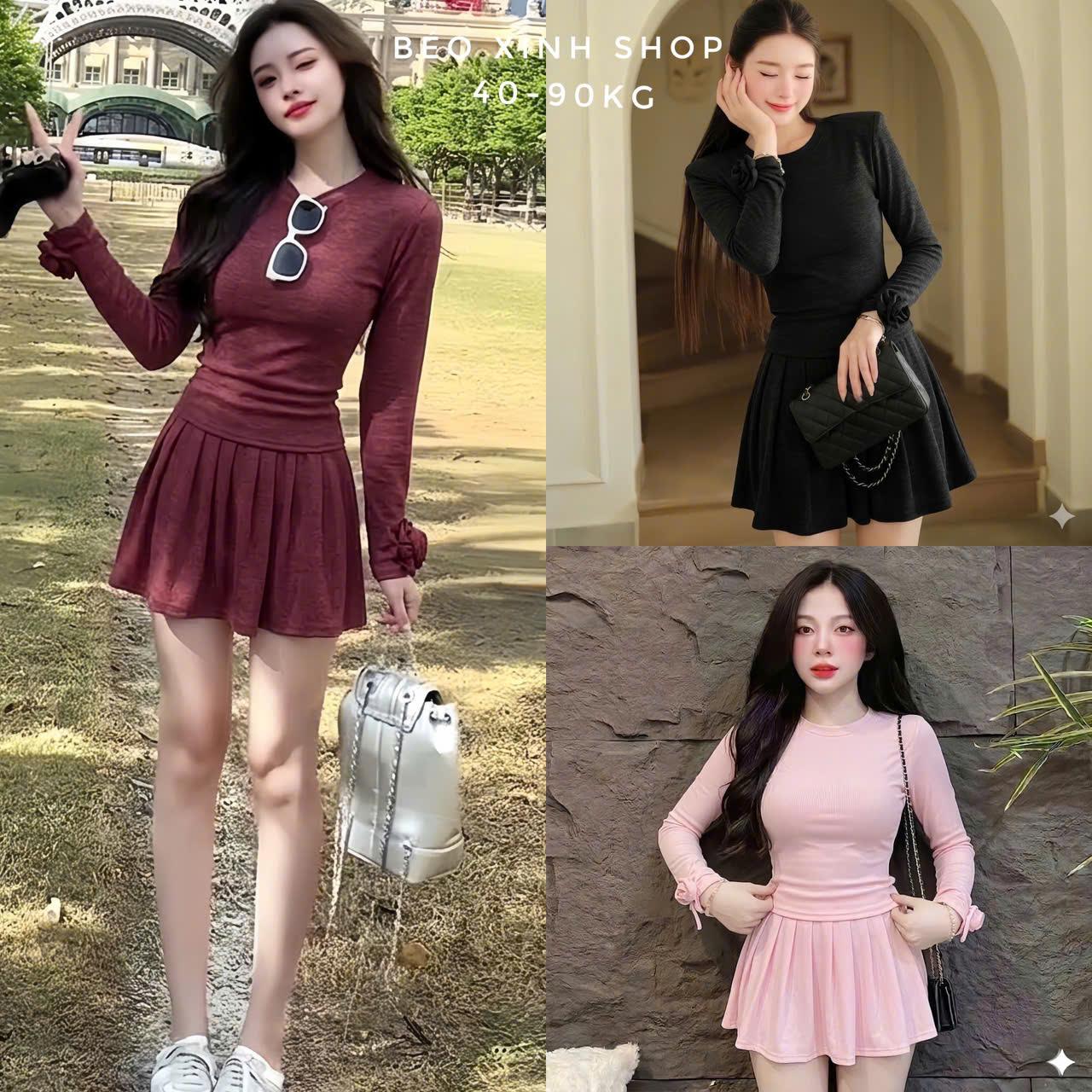 Set Váy Nữ Tay Dài Phối Hoa Chân Váy Xòe Ôm Eo Tôn Dáng Thanh Lịch Tiểu Bigsize 45- 90 Kg Dễ Thương Nữ Women Top - A.1682