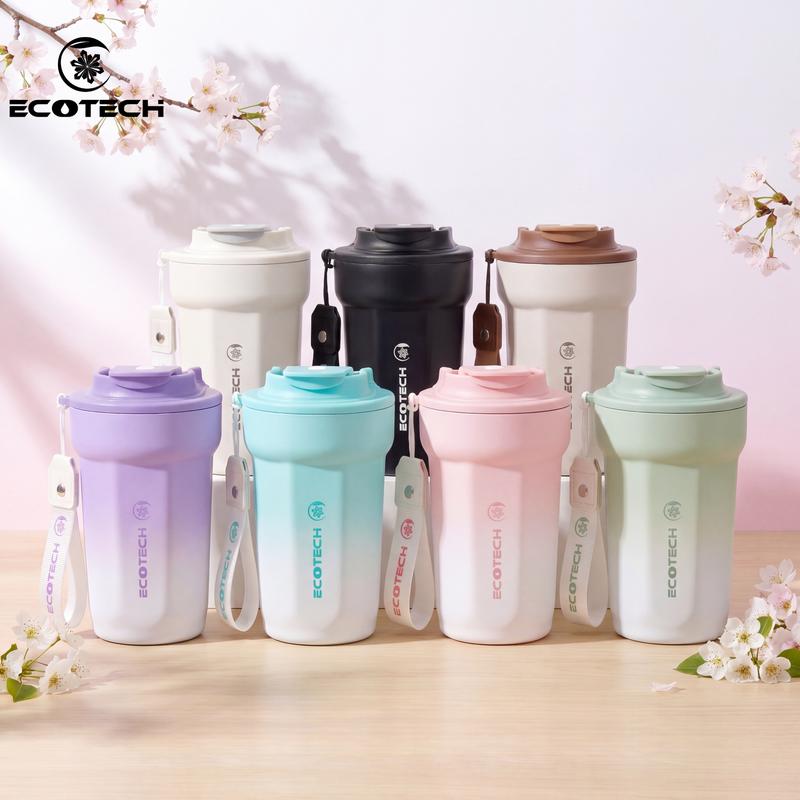 Cốc cà phê gốm sứ ECOTECH dung tích 380 ml, chất liệu thép không gỉ 304, nắp chống rò rỉ, giữ nhiệt trong 3–5 giờ, phù hợp để đựng nước và đồ uống nóng hoặc lạnh, với lớp men phủ