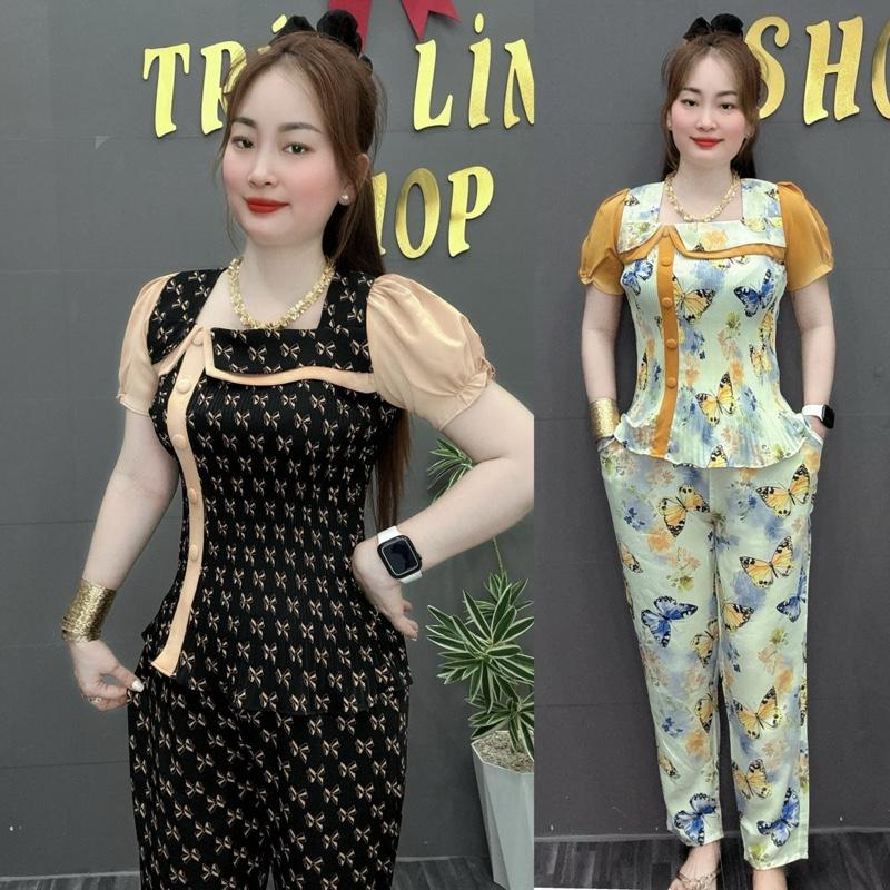 ĐỒ BỘ,BỘ CỔ VUÔNG DẬP LY, VẢI LỤA, TAY PHÒNG , QUẦN DÀI , SIZE 45-65 KG (ÁO FORM NGẮN) Nữ