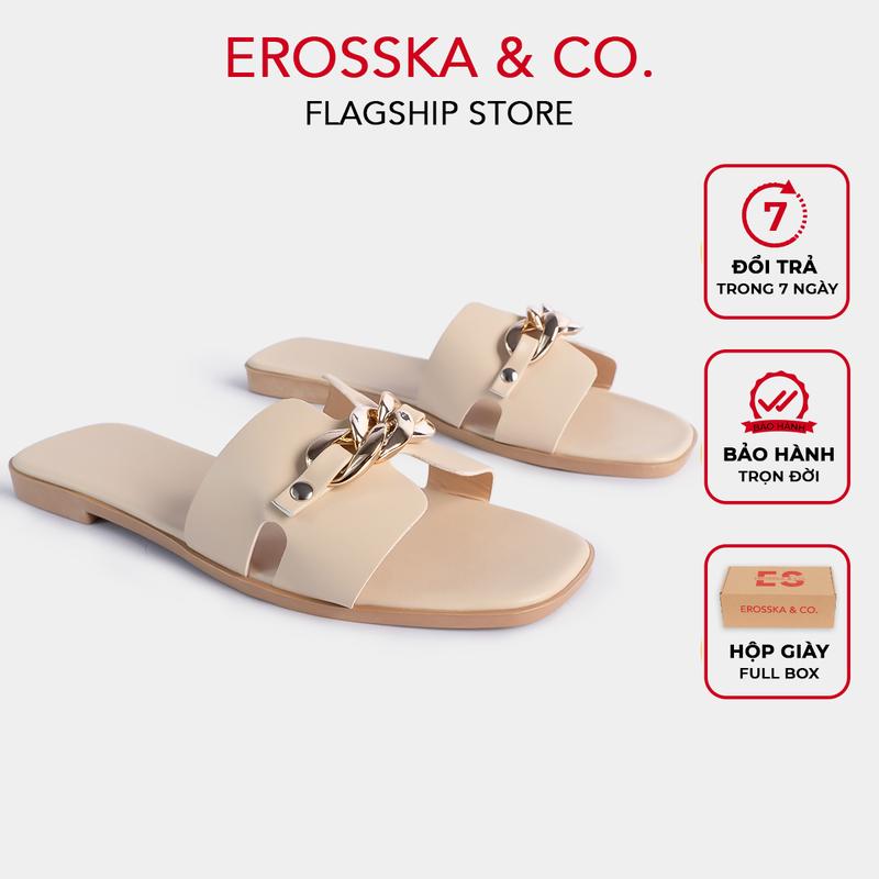 erosska - Dép nữ thời trang đế bằng Erosska mũi vuông quai xích màu nude có hộp giày fullbox - DE042