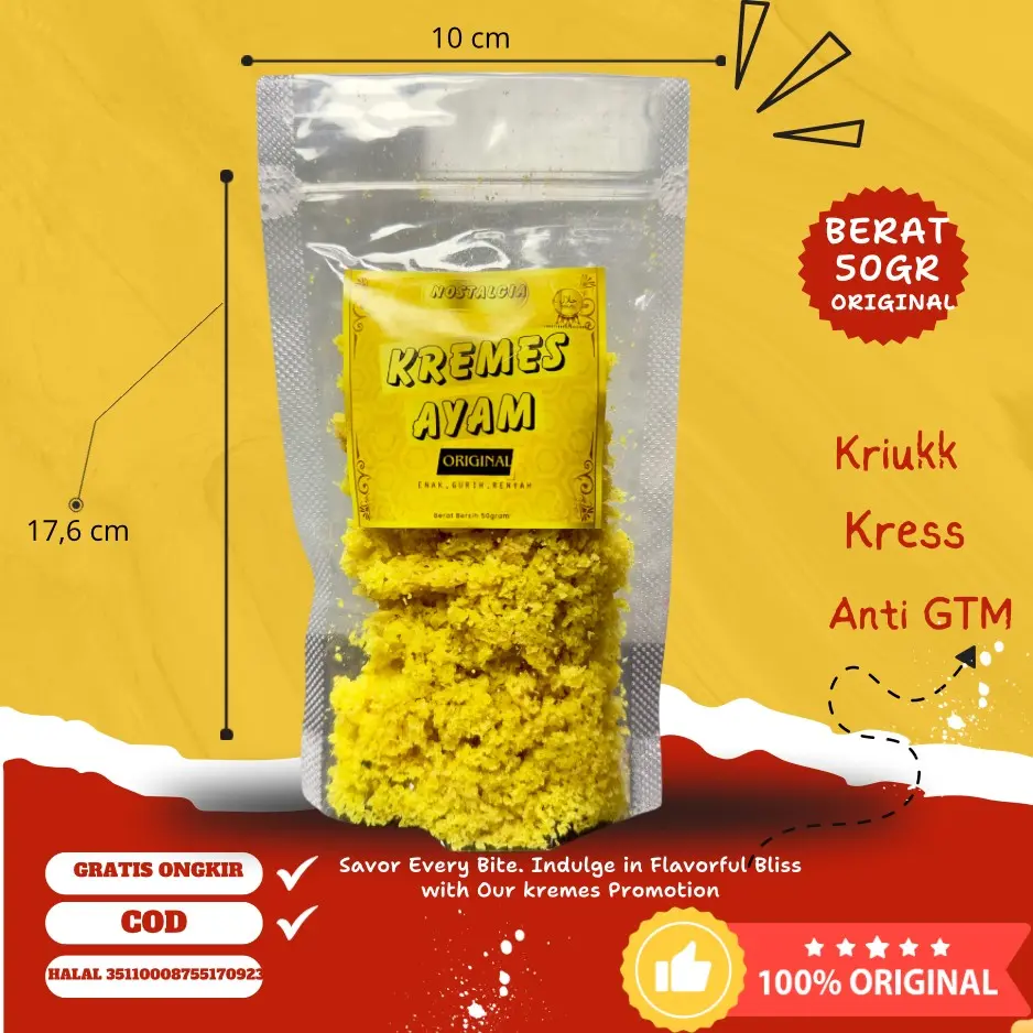 Kremes Ayam Nostalgia Halal 50g - Enak, Gurih, Kriuk, Less Oil - Seaweed makanan instan kremes kraton capung snack