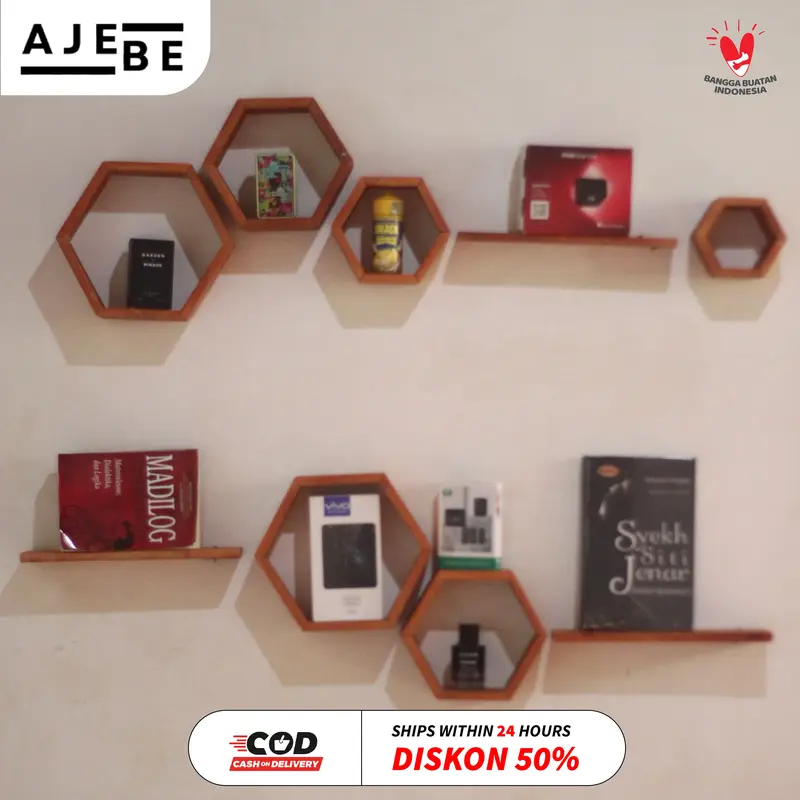 Rak Dinding Hexagonal Kayu Tempel Estetis untuk Kamar dan Ruang Tamu 0