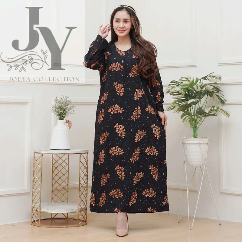 Daster lengan panjang Daster Gamis kekinian Daster Batik Rayon premium motif terbaru adem halus dan nyaman busui frendly daster gamis harian Wanita Hitam Dress Kancing dasteran cantik 3