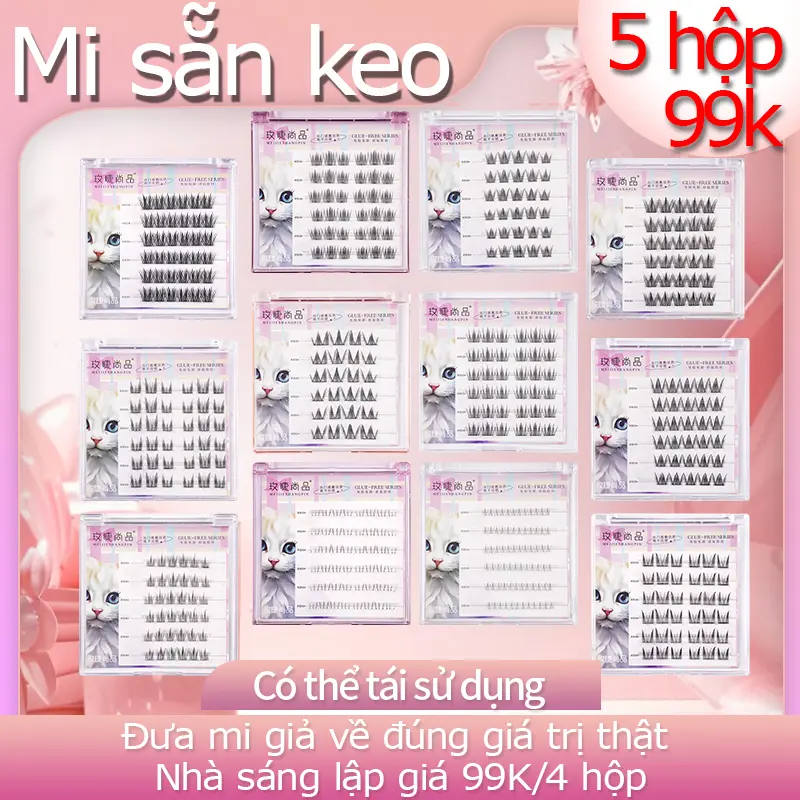 6 hop 99k Lông mi giả sẵn keo, mi tự dính,   Mi Giả tái sử dụng, Chống Nước 24H Dáng Hàn Quốc | Combo 4 Đôi Tặng Keo | Bao Bì Cao Cấp - Dành Cho Mắt Một Mí