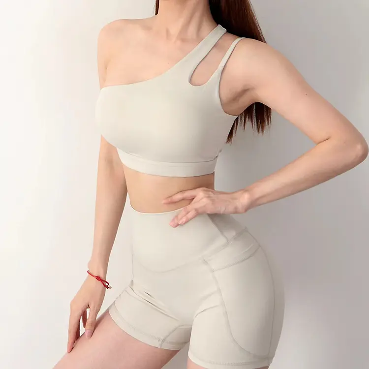 HOPPE FUMENG Women's one-shoulder yoga underwear Breathable quick-drying tight pocket running nude fitness pants