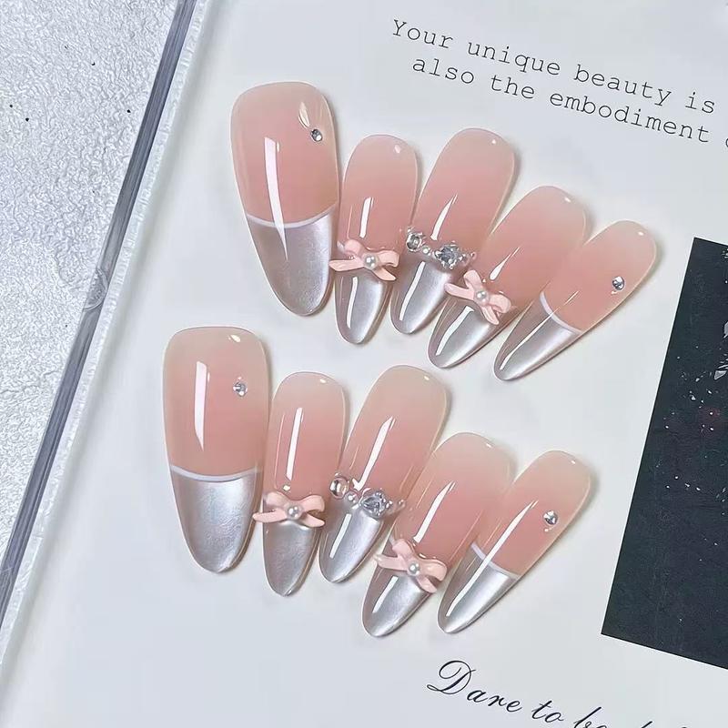   Mã B024-23  Nail Box Móng Tay Giả Hồng Thạch Mắt Mèo Đính Nơ Cực Xinh Dáng Móng Dài Phong Cách Tiểu Thư Mã B023 Nail Box Có Thể Tháo Rời Tái Sử Dụng 