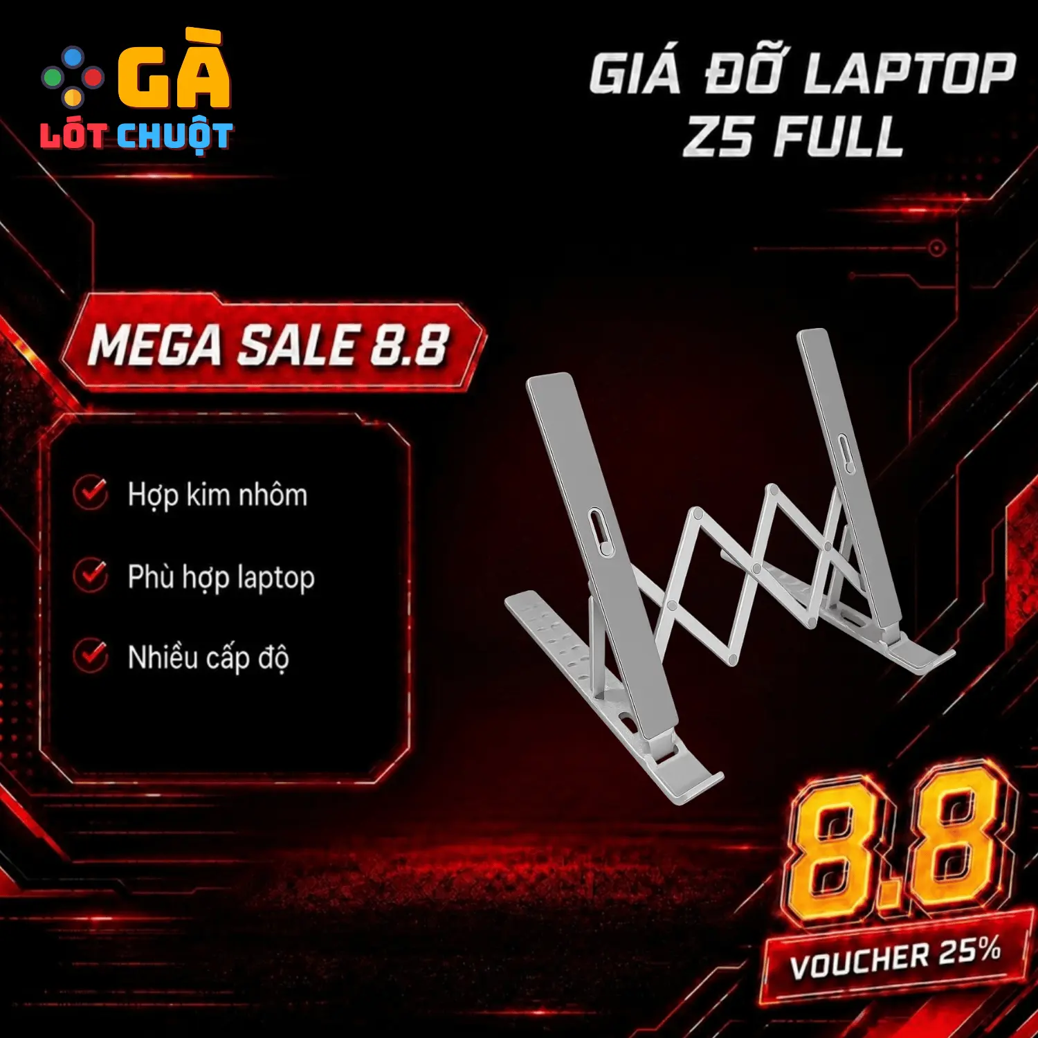Giá đỡ Laptop nhôm 6 cấp độ nâng hạ độ cao, thiết kế nhỏ gọn, hỗ trợ tản nhiệt cho laptop - GÀ LÓT CHUỘT