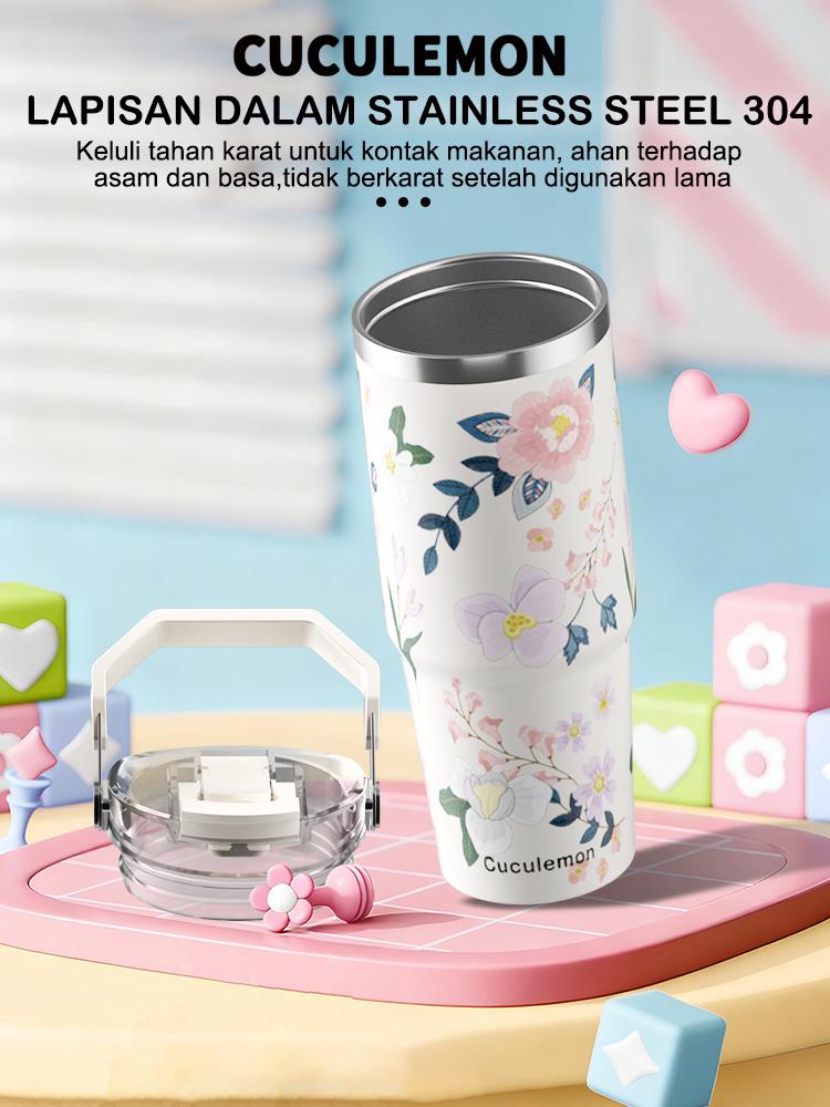 Cuculemon Tumbler Stainless 890ml | Vacuum Flask Hot & Cold 24 Jam, Anti Bocor, Dengan Sedotan & Handle, Motif Sunflower / Lip Print Aesthetic tumblers stainless botol minum sport cup bottle tumbler lucu cewek tumblers hydropack
