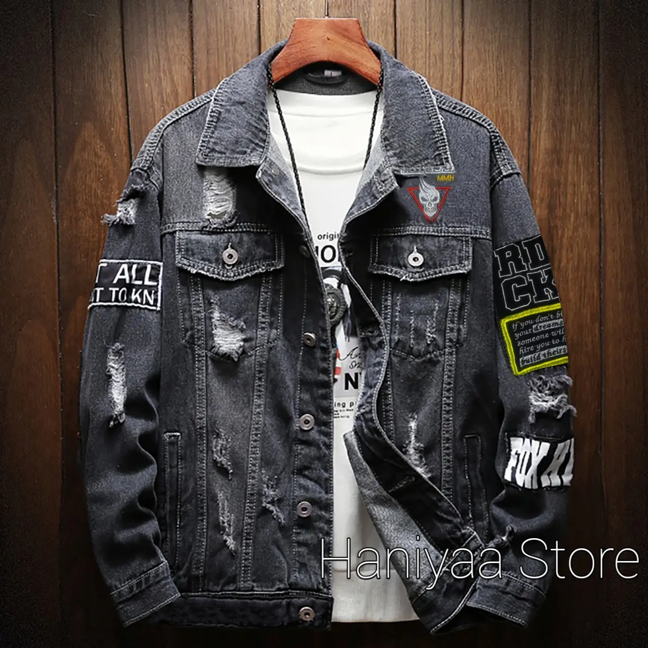 Jaket Jeans Denim Korean Style, Jkaet Hip Hop, Jaket Jeans Bordir Sobek, Jaket Jeans Pria