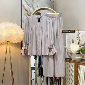 Arumi One Set  by_Nurii.id Blouse Kancing Tangan Karet Dan Celana Kulot Rayon Setelan Wanita Motif Salur