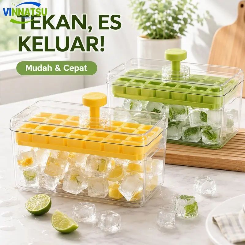 Vinnatsu Cetakan Es Batu Press Handle Wadah Penyimpanan Es Kotak Transparan Silicone Pp Menebal Kedap Udara Portabel Untuk Piknik Camping 34 68 Grid 2 Tray 19CM×11CM×10CM