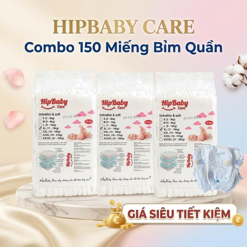 Bỉm Quần Hipbaby Care Combo 3 Bịch 150 Miếng – Mỏng Thoáng, Không Hăm Da – Đủ Size M/L/XL/2XL/3XL
