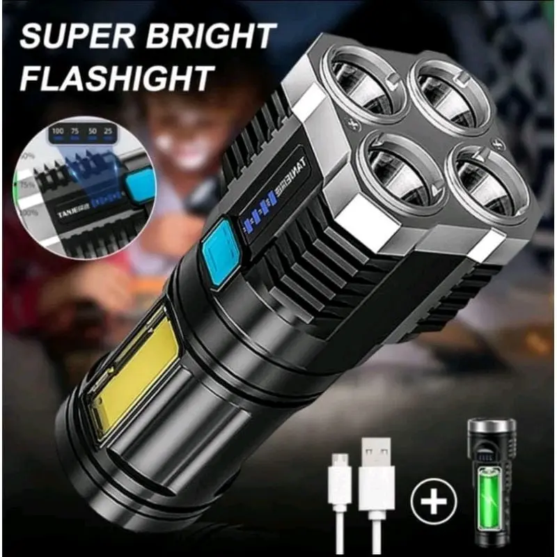 senter led super bright 4 mata led mata cob light super terang 48 w chargeable cas portable Baterai Lampu  Usb 1
