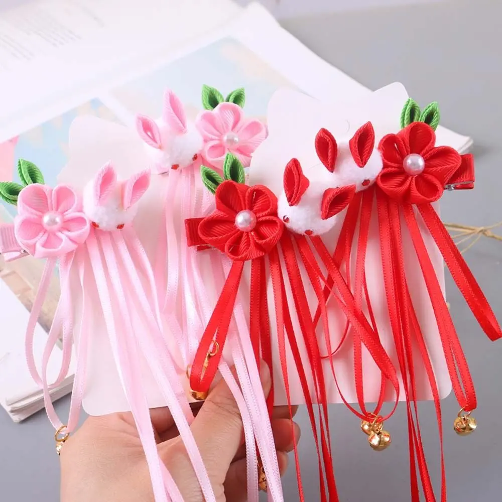 Girls Princess Flowers Hairpins Headdress  Headwear Kids Chinese Hair Clips Rabbit Barrettes Chinese New Year Hairpins Children Tassels Hairpins