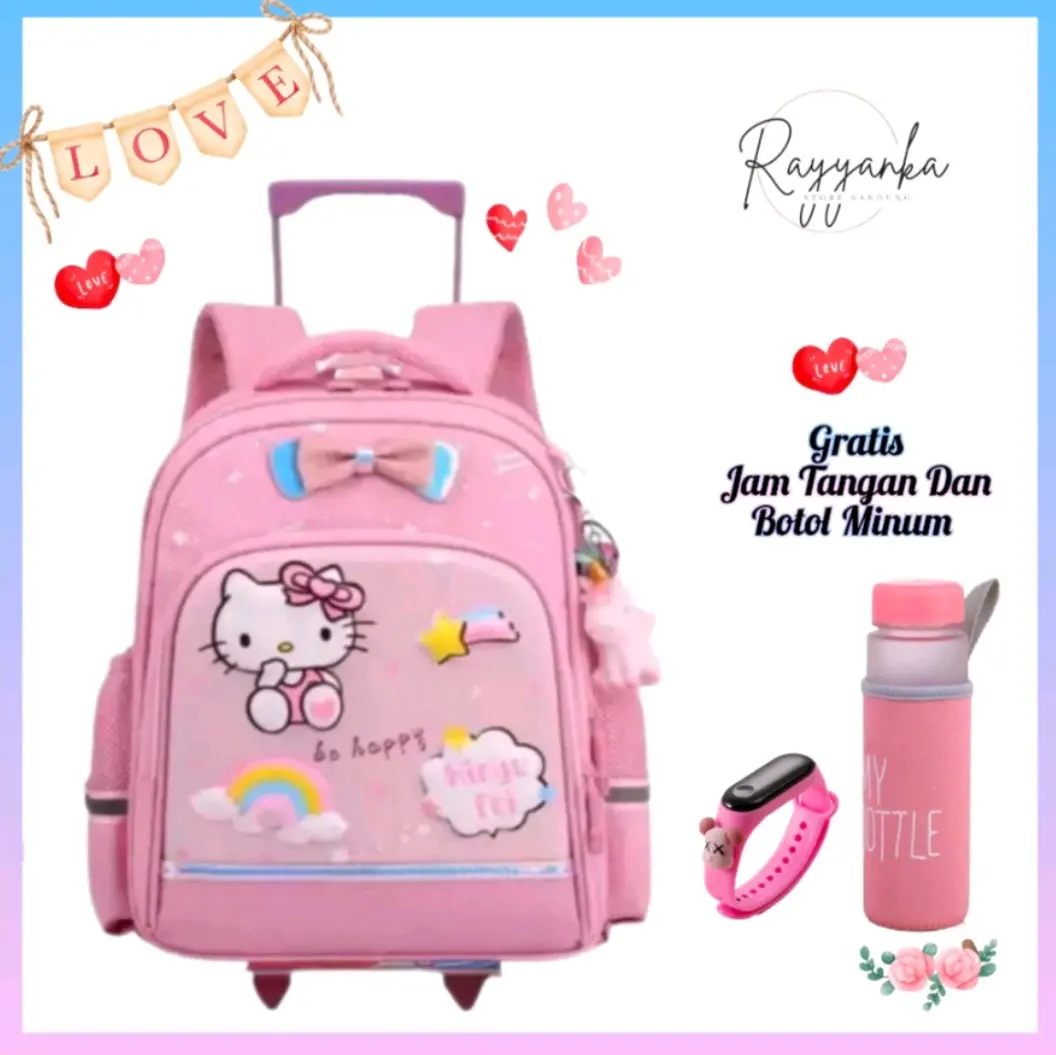 0Tas Ransel Troli Anak Perempuan Tk Paud & Sd Motif HK Behappy Gratis Jam Tangan Dan Botol Minum Lucu
