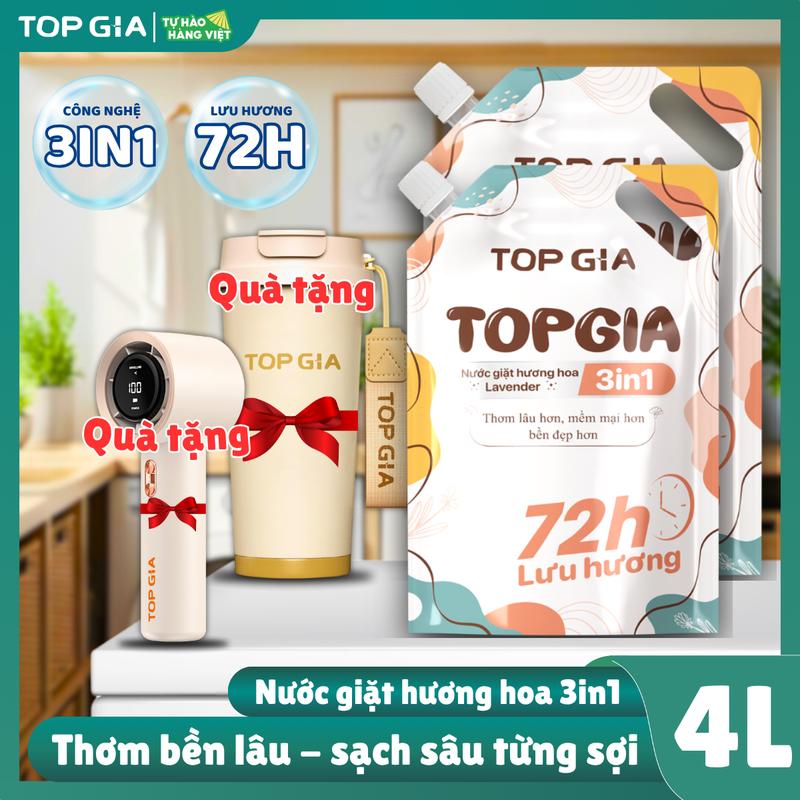(TẶNG QUẠT VÀ BÌNH) 4L nước giặt topgia hương nước hoa lavender 3in1 lưu hương 72h cho mẹ và bé, da nhạy cảm, sạch khuẩn, khử mùi, thơm lâu live nxl thơm bền lâu sạch sâu từng sợi