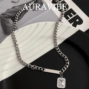 AURAVIBE-Kalung Zirkon untuk Pria, Liontin Berlian Titanium, Tidak Pudar,  Sederhana, Serbaguna, Perhiasan Kelas Atas, Aksesori Baru untuk Wanita